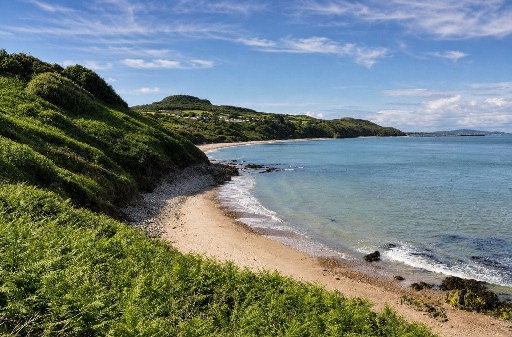 A small sandy cove under fern banks; a rounded hill with houses and caravans behind.